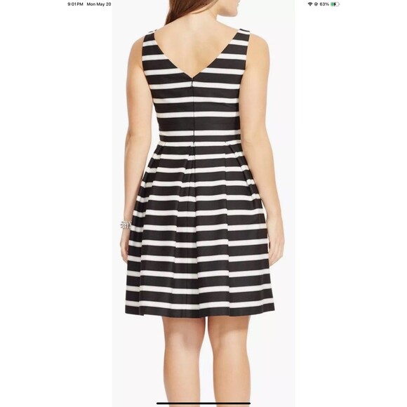 Lauren Ralph Lauren Black/Ivory Stripe Sateen V-Neck Fit & Flare Dress Sz 8 NEW - Picture 2 of 10